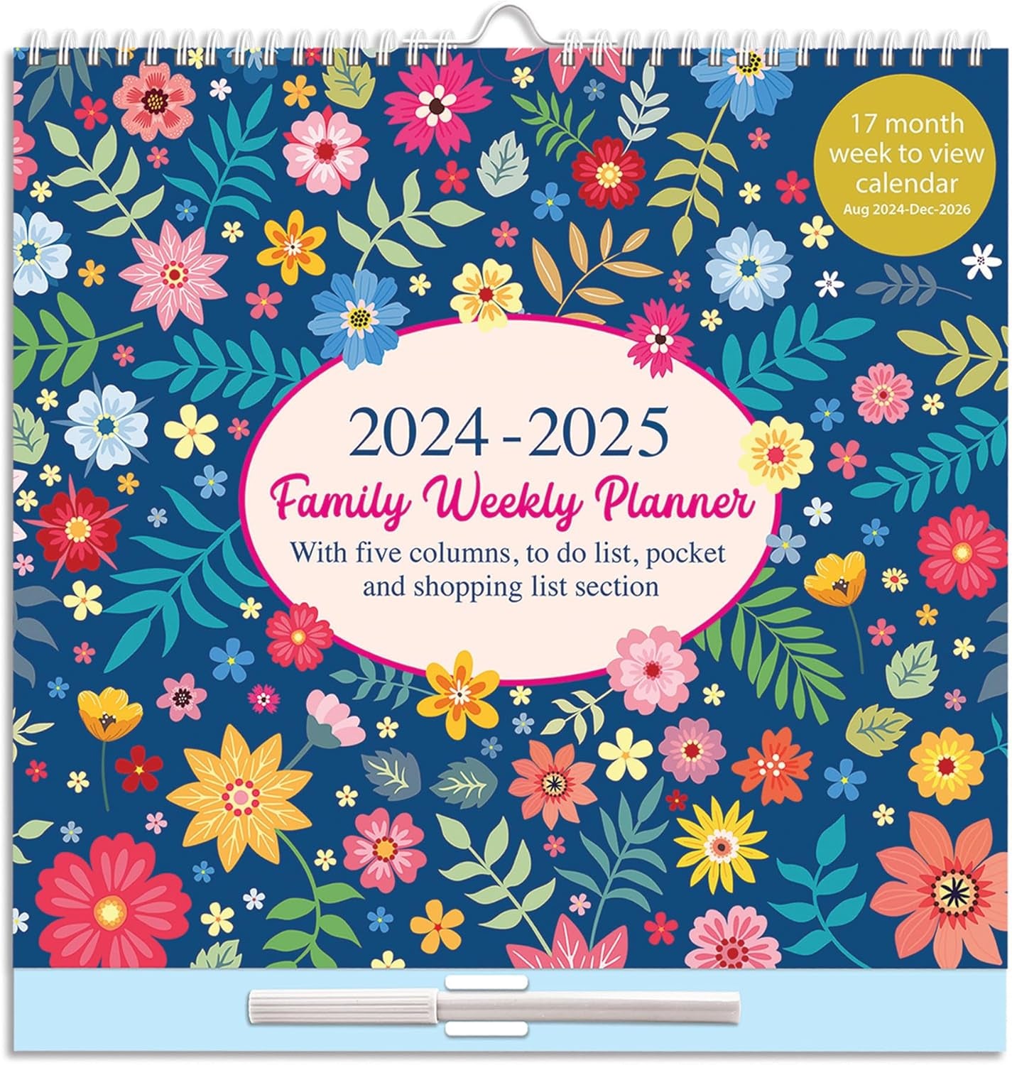 Large 2024-2025 Family Planner 5 Columns Week to View Calendar with Memo Pad 17 Months Wall Planner with Shopping List and Stickers (Aug 2024 - Dec 2025)
