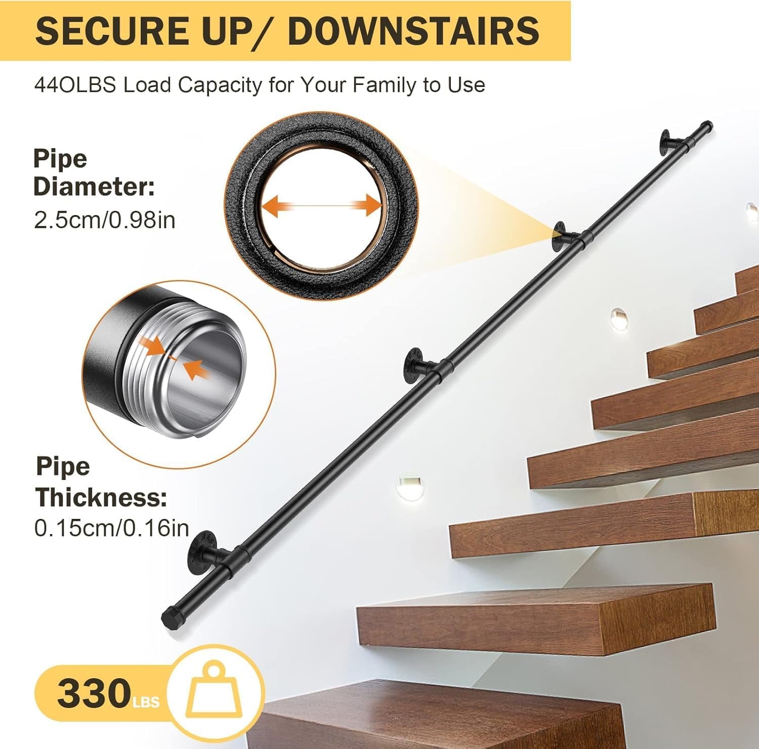 3M Wall-Mounted Non-Slip Steel Stair Handrail for Indoor and Outdoor Use - Industrial Pipe Design with Wrought Iron Balustrade and Towel Rail Features