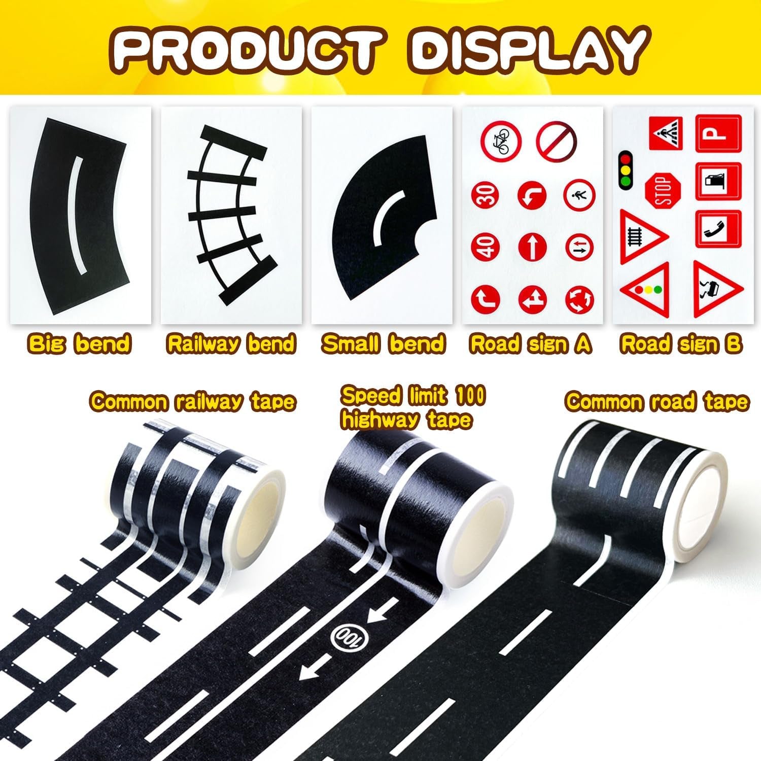 28Pcs Road Police Tape for Toy Cars Black Railways Road Signs with Traffic Sticker Self-Adhesive Removable DIY Traffic Tape for Kids Boys Students Interactive Play