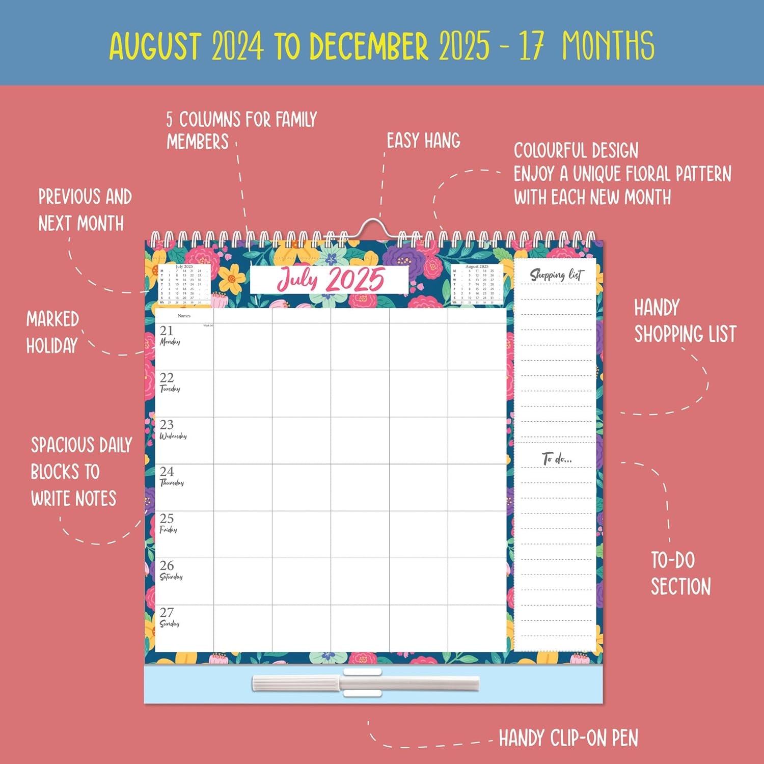 Large 2024-2025 Family Planner 5 Columns Week to View Calendar with Memo Pad 17 Months Wall Planner with Shopping List and Stickers (Aug 2024 - Dec 2025)