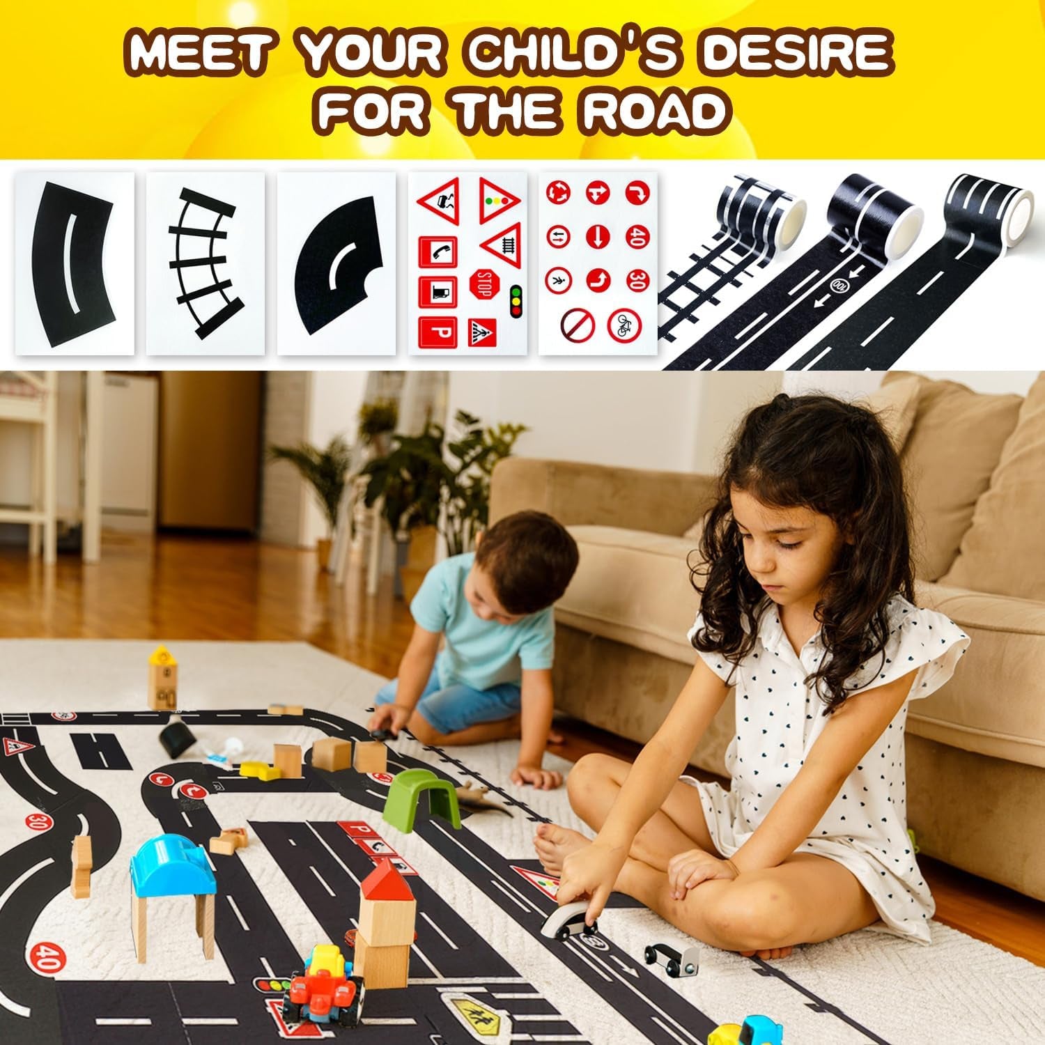 28Pcs Road Police Tape for Toy Cars Black Railways Road Signs with Traffic Sticker Self-Adhesive Removable DIY Traffic Tape for Kids Boys Students Interactive Play