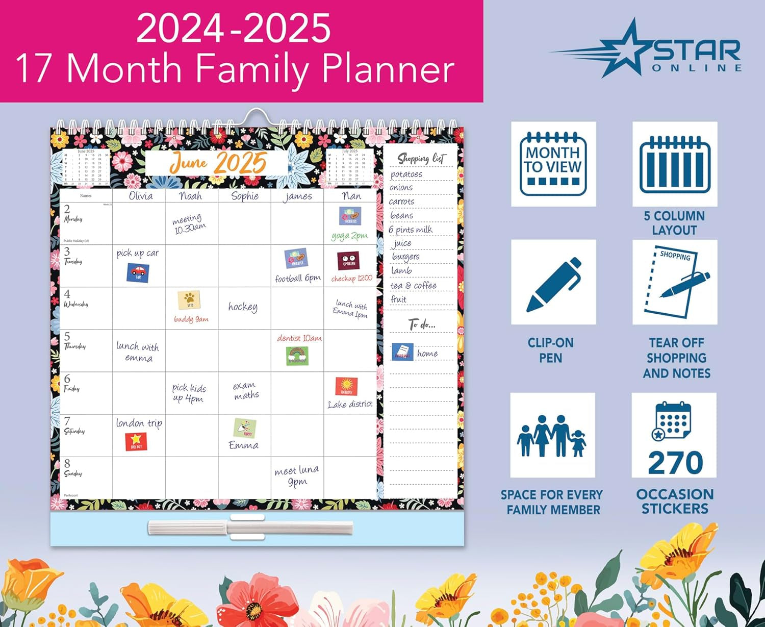 Large 2024-2025 Family Planner 5 Columns Week to View Calendar with Memo Pad 17 Months Wall Planner with Shopping List and Stickers (Aug 2024 - Dec 2025)
