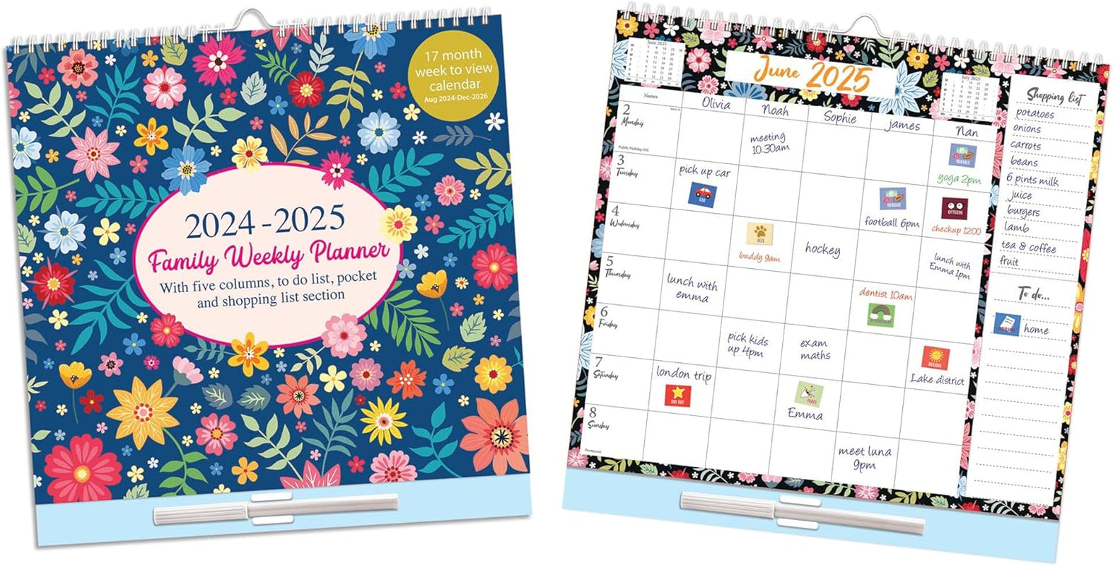 Large 2024-2025 Family Planner 5 Columns Week to View Calendar with Memo Pad 17 Months Wall Planner with Shopping List and Stickers (Aug 2024 - Dec 2025)