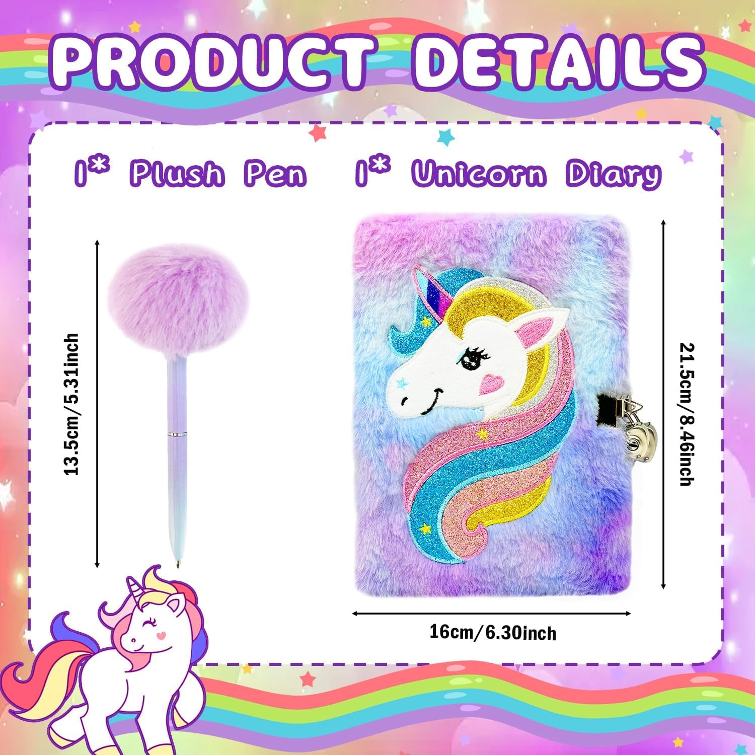 Unicorn Notebook,Secret Diary for Girls,Plush Journal with Lock,Sparkly Unicorn Diary Set with Pen,A5 Writing Drawing Notepad Stationary Set Toys Gift for 6 7 8 9 Year Old Kids Girls Boys