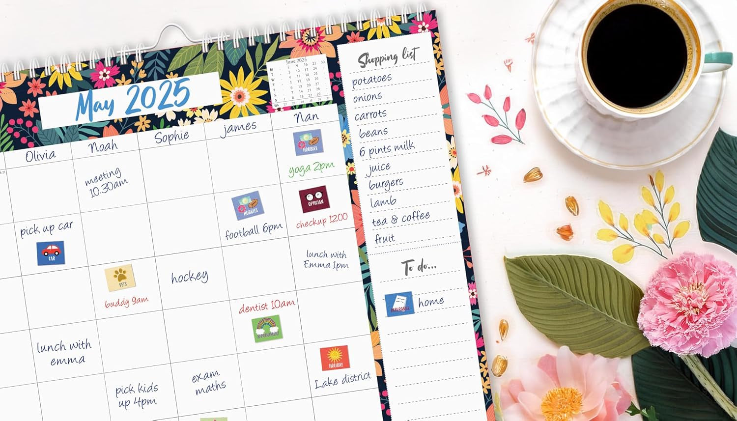 Large 2024-2025 Family Planner 5 Columns Week to View Calendar with Memo Pad 17 Months Wall Planner with Shopping List and Stickers (Aug 2024 - Dec 2025)