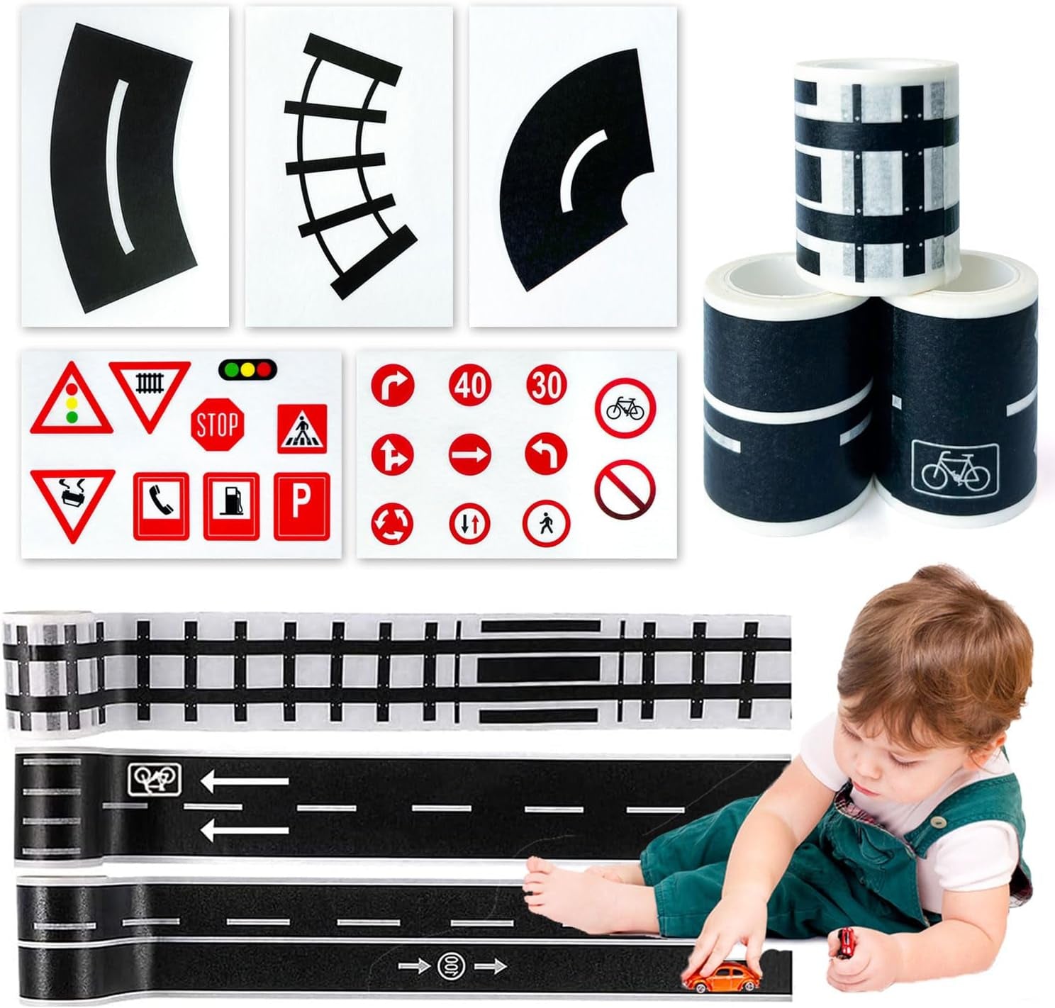 28Pcs Road Police Tape for Toy Cars Black Railways Road Signs with Traffic Sticker Self-Adhesive Removable DIY Traffic Tape for Kids Boys Students Interactive Play
