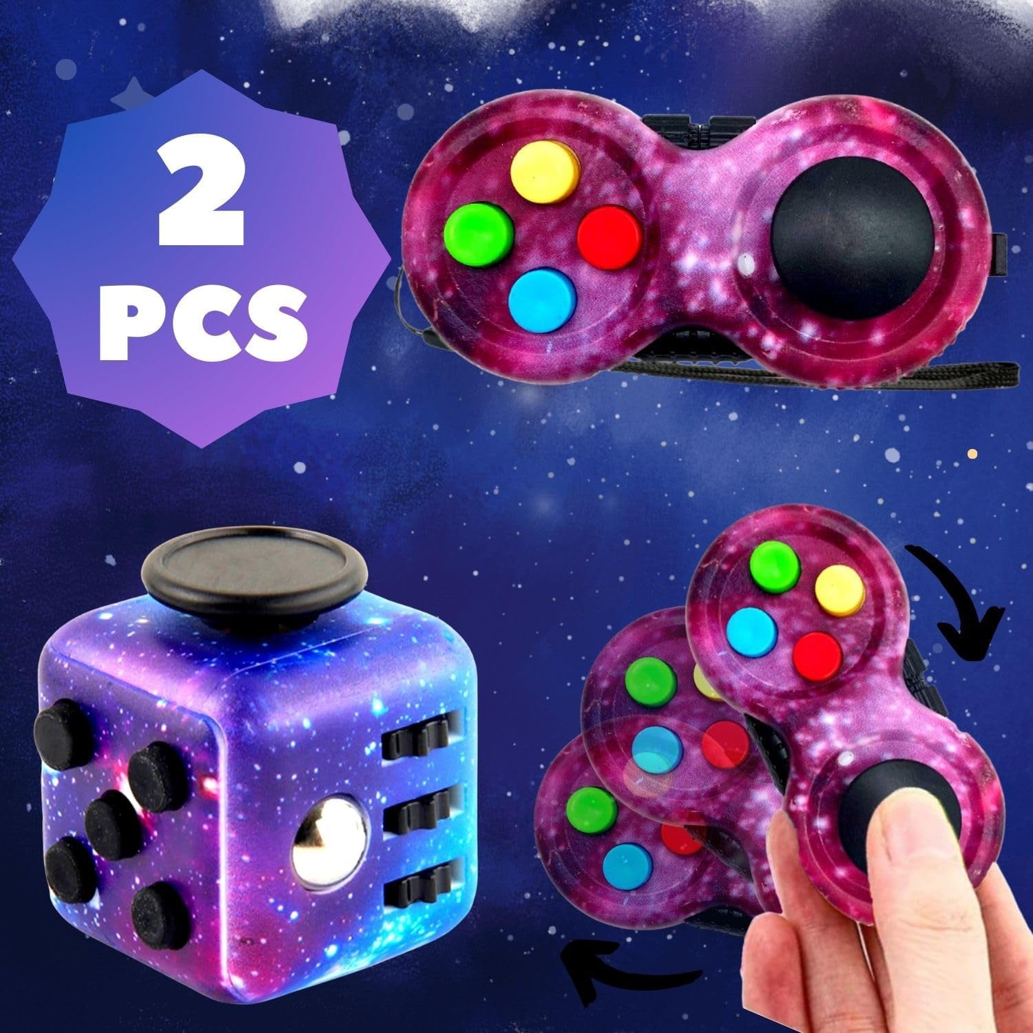 2PCS Fidget Toy Set, Fidget Pad, Fidget Toy Cube Toy, Sensory Toy Relieves Stress and Anxiety Toys Office Classroom Toy Gift for ADHD, Autism, Student, Children and Adults (Galaxy)