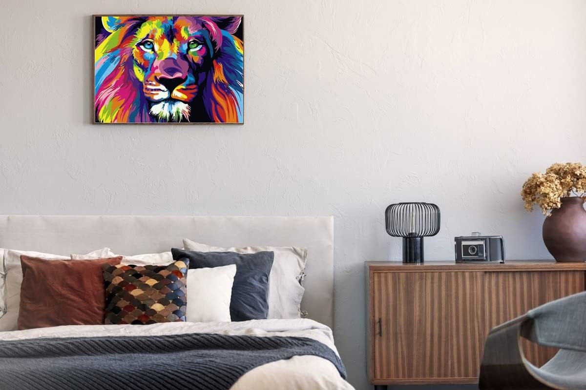 Paint by Number Kit for Kids and Adults Beginner, DIY Acrylic Painting by Numbers Kit for Home Decoration, Colorful Lion 12X16Inch Framed
