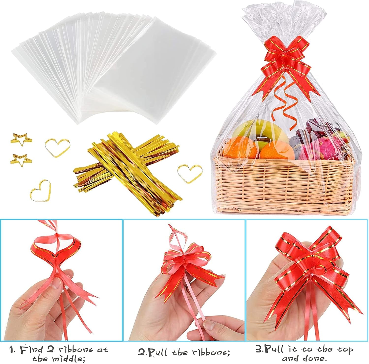20Pcs Cellophane Basket Bags, 14X20In Clear Hamper Wrap Bag with Pull Bow Blank Hangtag & Twist Ties, Large Present Bags Set for Gift Packaging Arts Crafts Toys Fruit Christmas Making