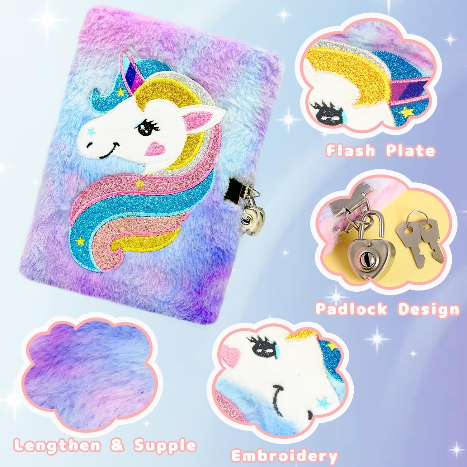 Unicorn Notebook,Secret Diary for Girls,Plush Journal with Lock,Sparkly Unicorn Diary Set with Pen,A5 Writing Drawing Notepad Stationary Set Toys Gift for 6 7 8 9 Year Old Kids Girls Boys