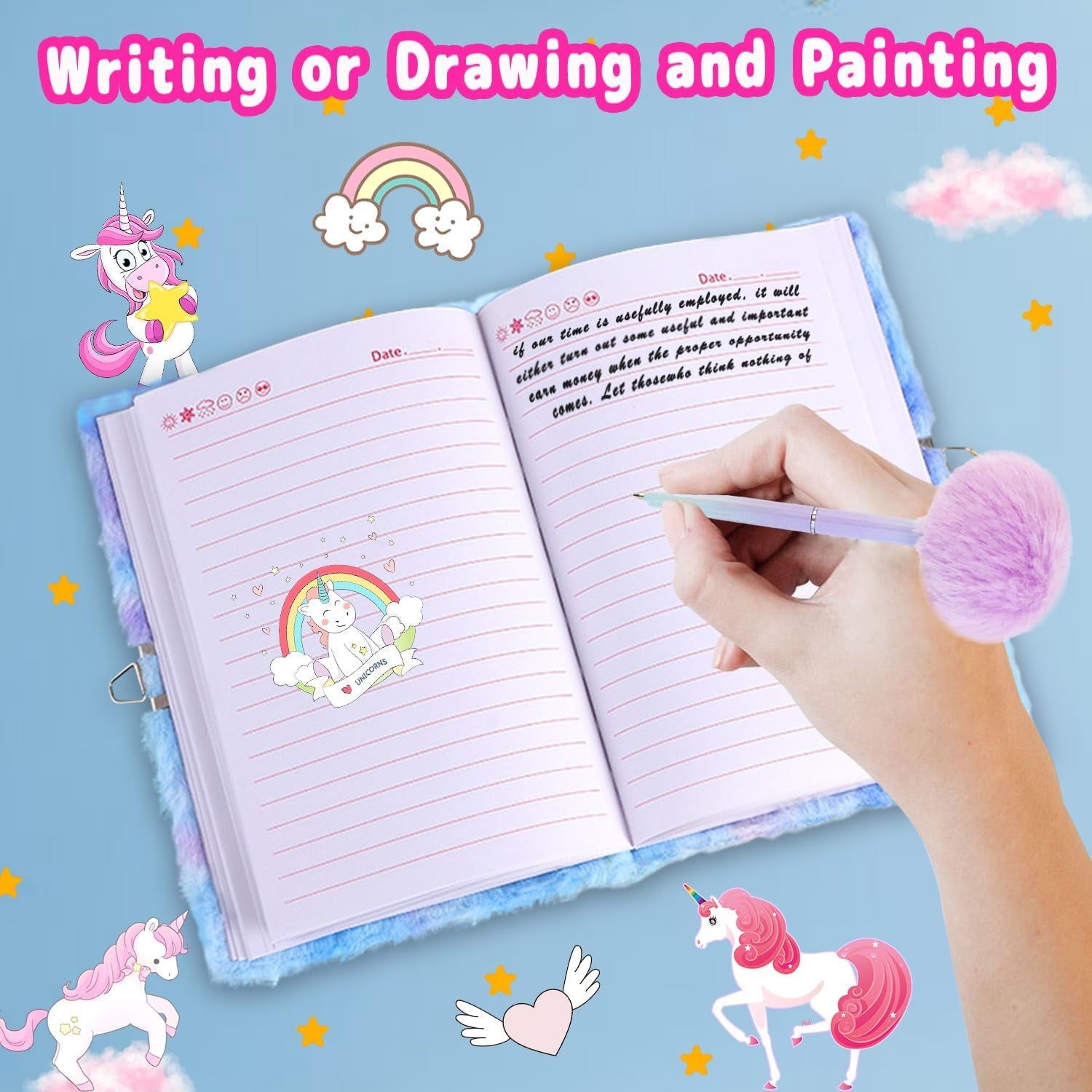 Unicorn Notebook,Secret Diary for Girls,Plush Journal with Lock,Sparkly Unicorn Diary Set with Pen,A5 Writing Drawing Notepad Stationary Set Toys Gift for 6 7 8 9 Year Old Kids Girls Boys