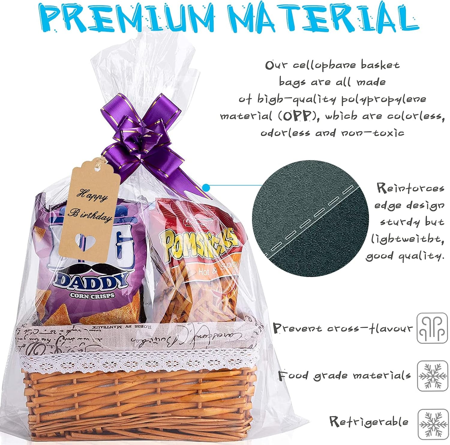 20Pcs Cellophane Basket Bags, 14X20In Clear Hamper Wrap Bag with Pull Bow Blank Hangtag & Twist Ties, Large Present Bags Set for Gift Packaging Arts Crafts Toys Fruit Christmas Making