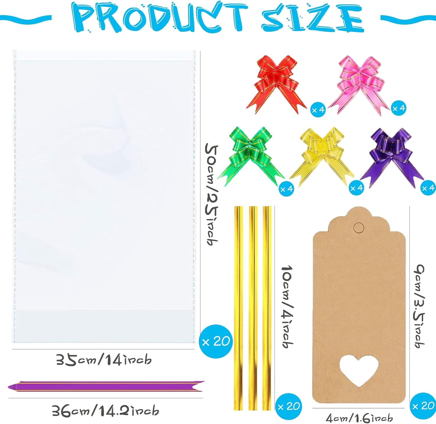 20Pcs Cellophane Basket Bags, 14X20In Clear Hamper Wrap Bag with Pull Bow Blank Hangtag & Twist Ties, Large Present Bags Set for Gift Packaging Arts Crafts Toys Fruit Christmas Making