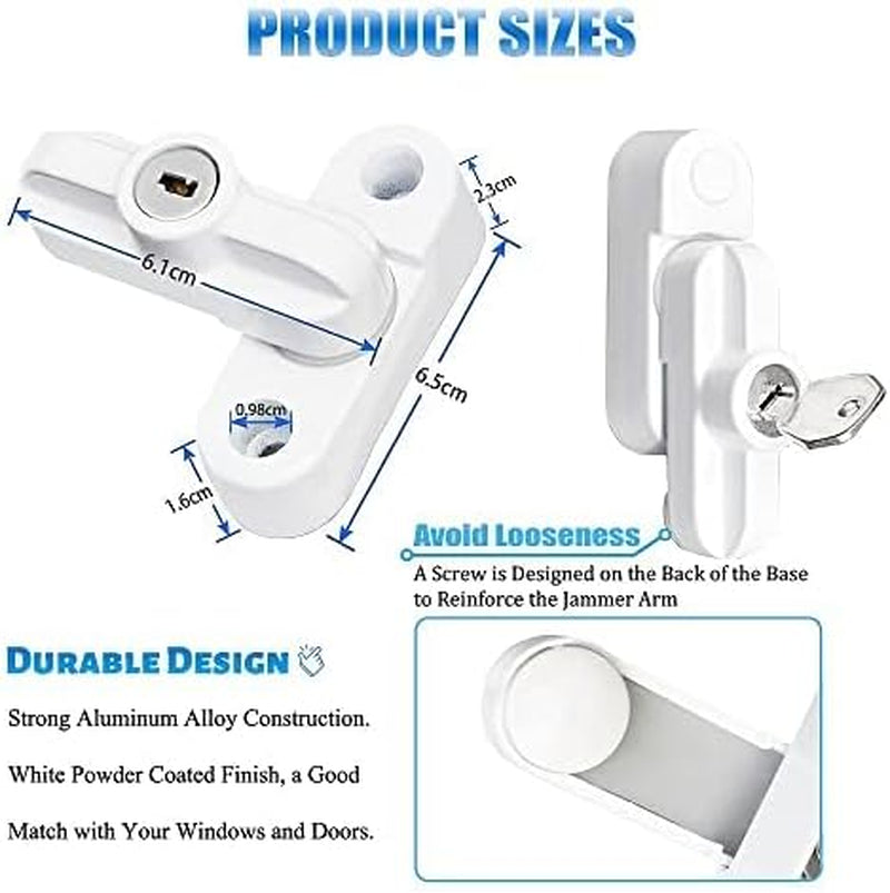 Window Sash Jammer Locks Set 2 PCS Window Locks and Door Jammer Upvc Sash Jammer for Home Security Upvc Windows and Doors White Zinc Cast Alloy