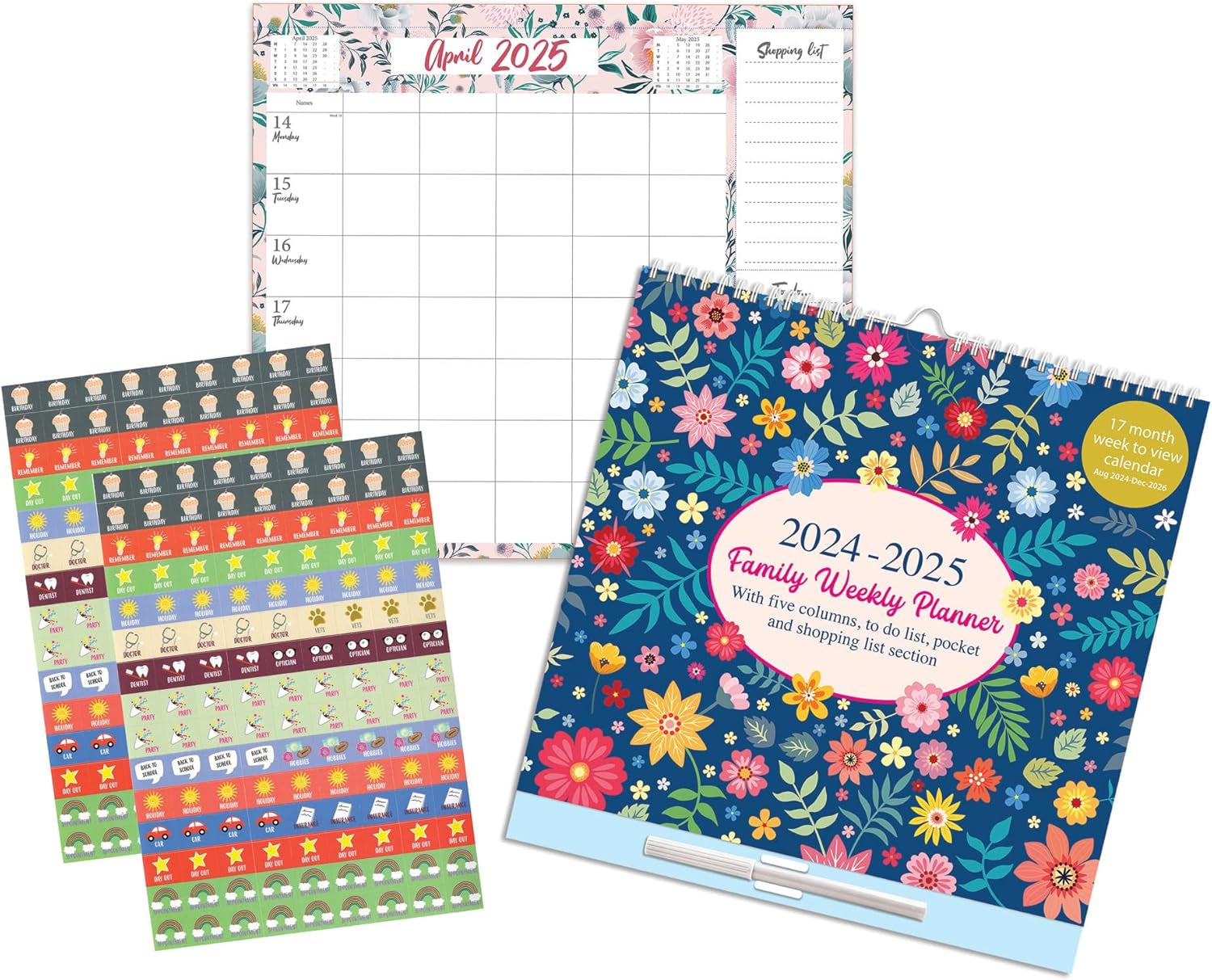 Large 2024-2025 Family Planner 5 Columns Week to View Calendar with Memo Pad 17 Months Wall Planner with Shopping List and Stickers (Aug 2024 - Dec 2025)