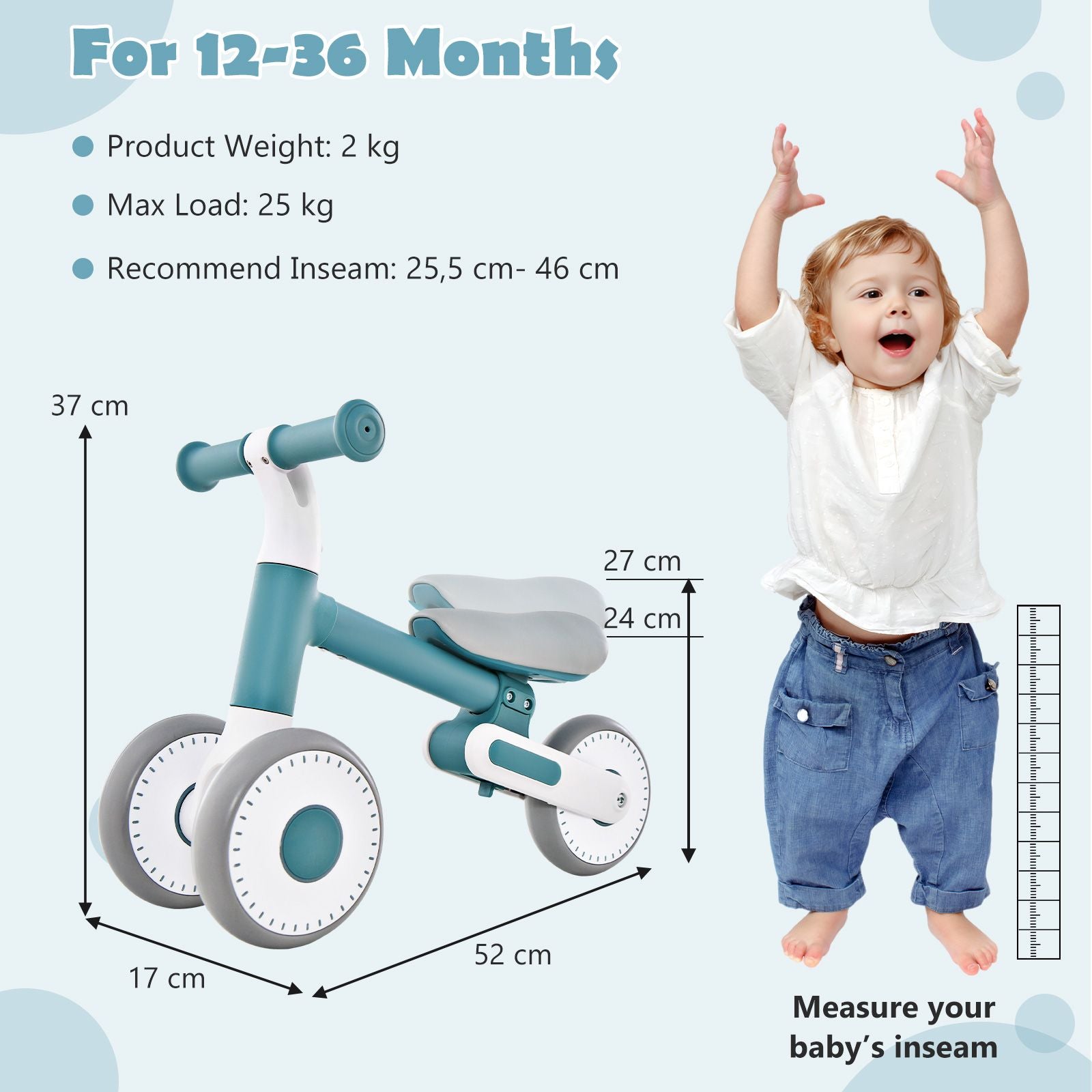 Baby Balance Bike Toddler Walker Training Bicycle with Adjustable Seat