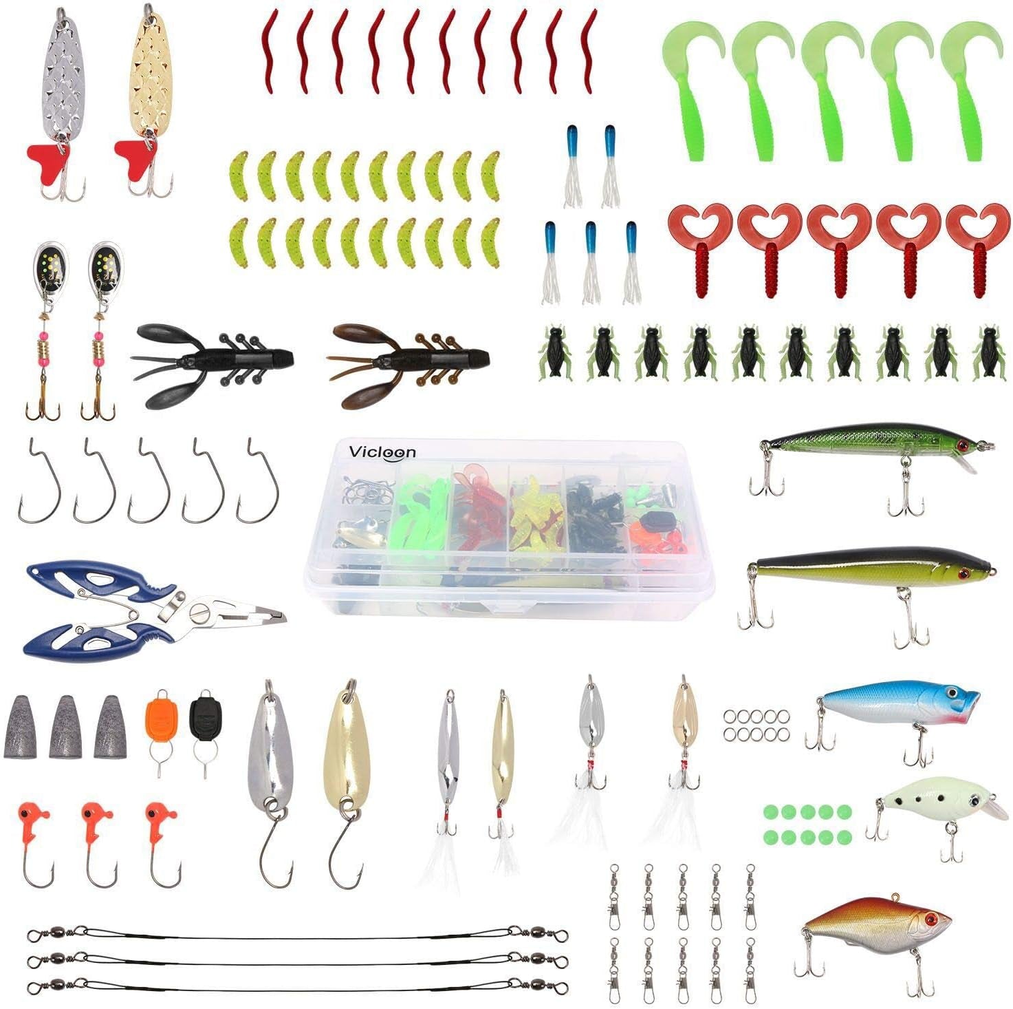 120 PCS Fishing Lures Mixed Including Spinners,Vib,Treble Hooks,Single Hooks,Swivels,Pliers and Tackle Box