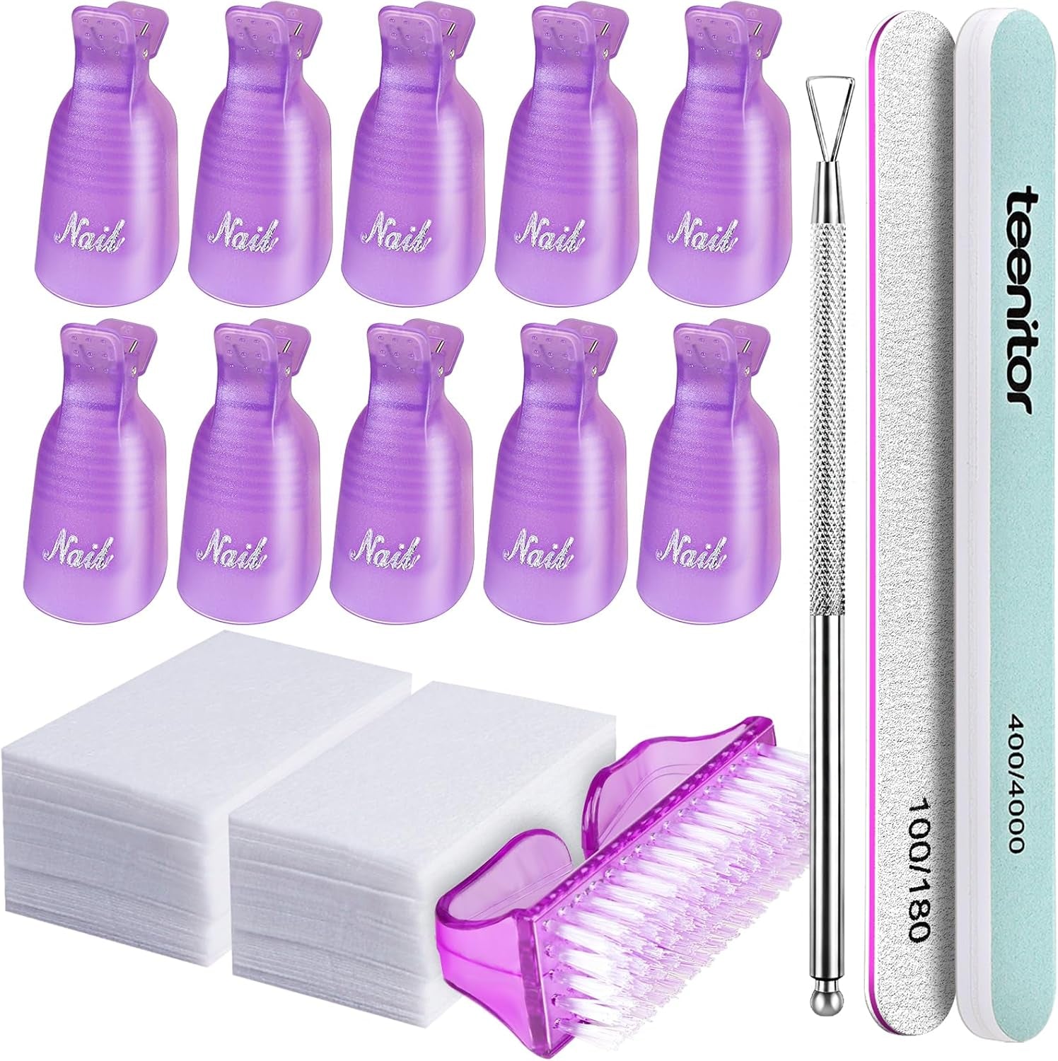 Soak off Gel Nail Polish Remover Kit with Nail Clips Nail Wipes, Acrylic Nail Remover Kit with Cuticle Pusher 100/180 Nail File 400/4000 Buffer Block, Gel Nail Remover Clips Set, Purple