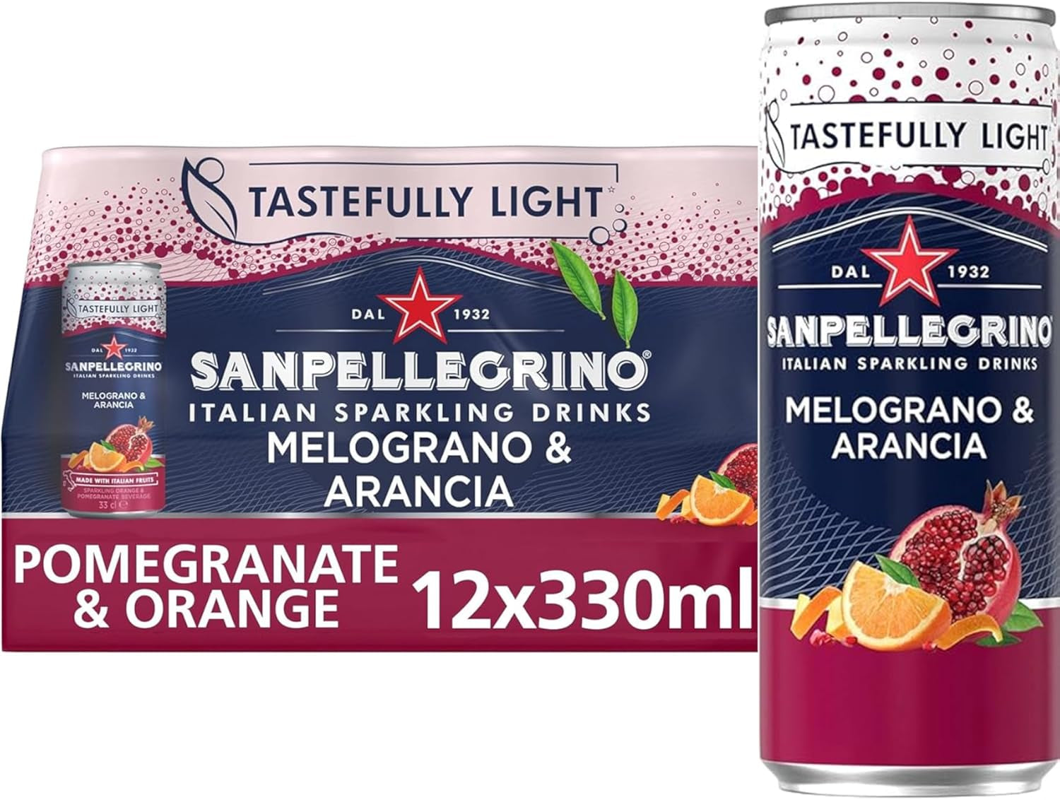 Italian Sparkling Drinks Tastefully Light Sparkling Pomegranate & Orange Canned Soft Drink 12 X 330Ml | 68 Kcals per Can