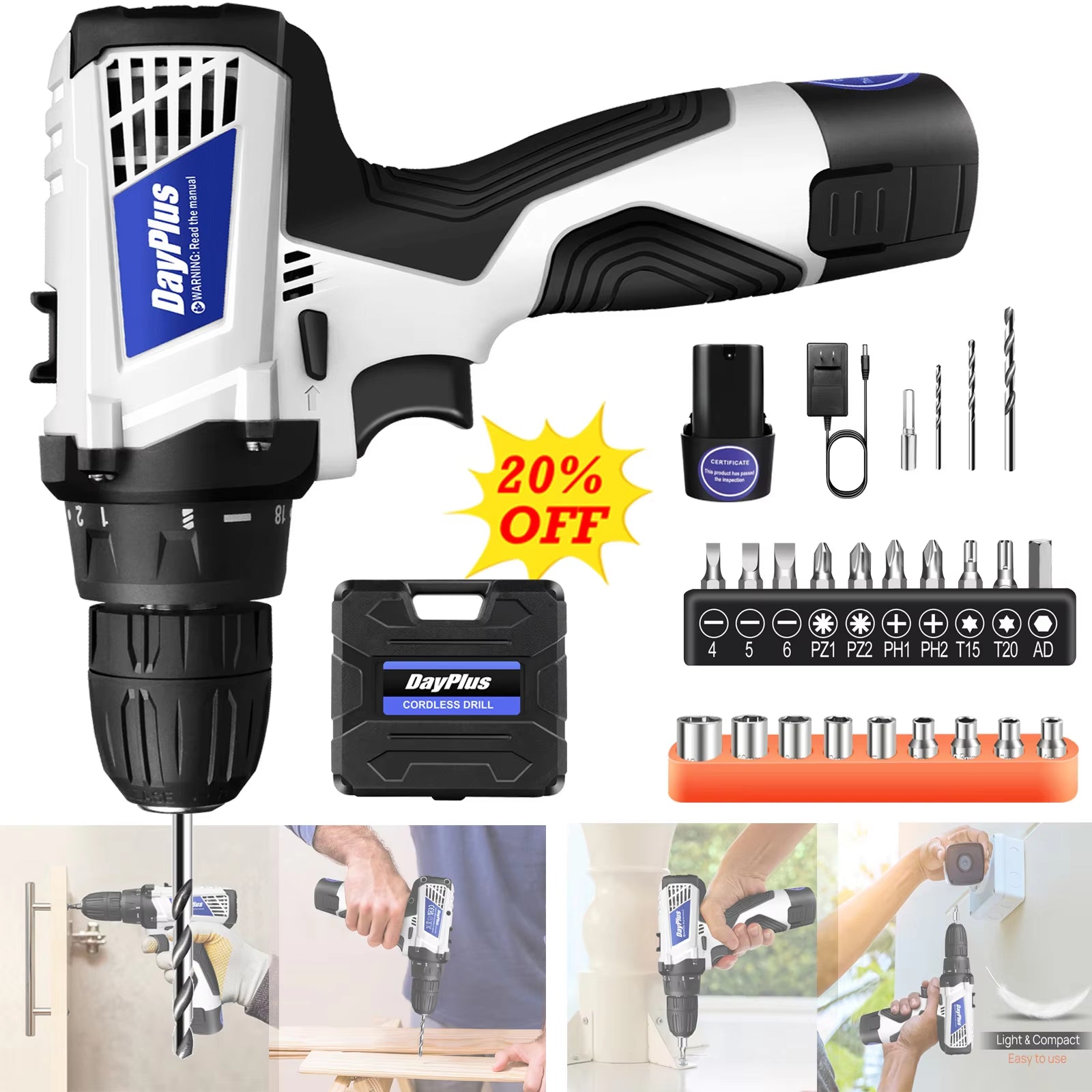 Cordless Drill Driver Kit with Battery,2 in 1 Electric Screwdriver Driver Tool Kit 45 N.M, Dual Speed 3/8 Inch Keyless Chuck