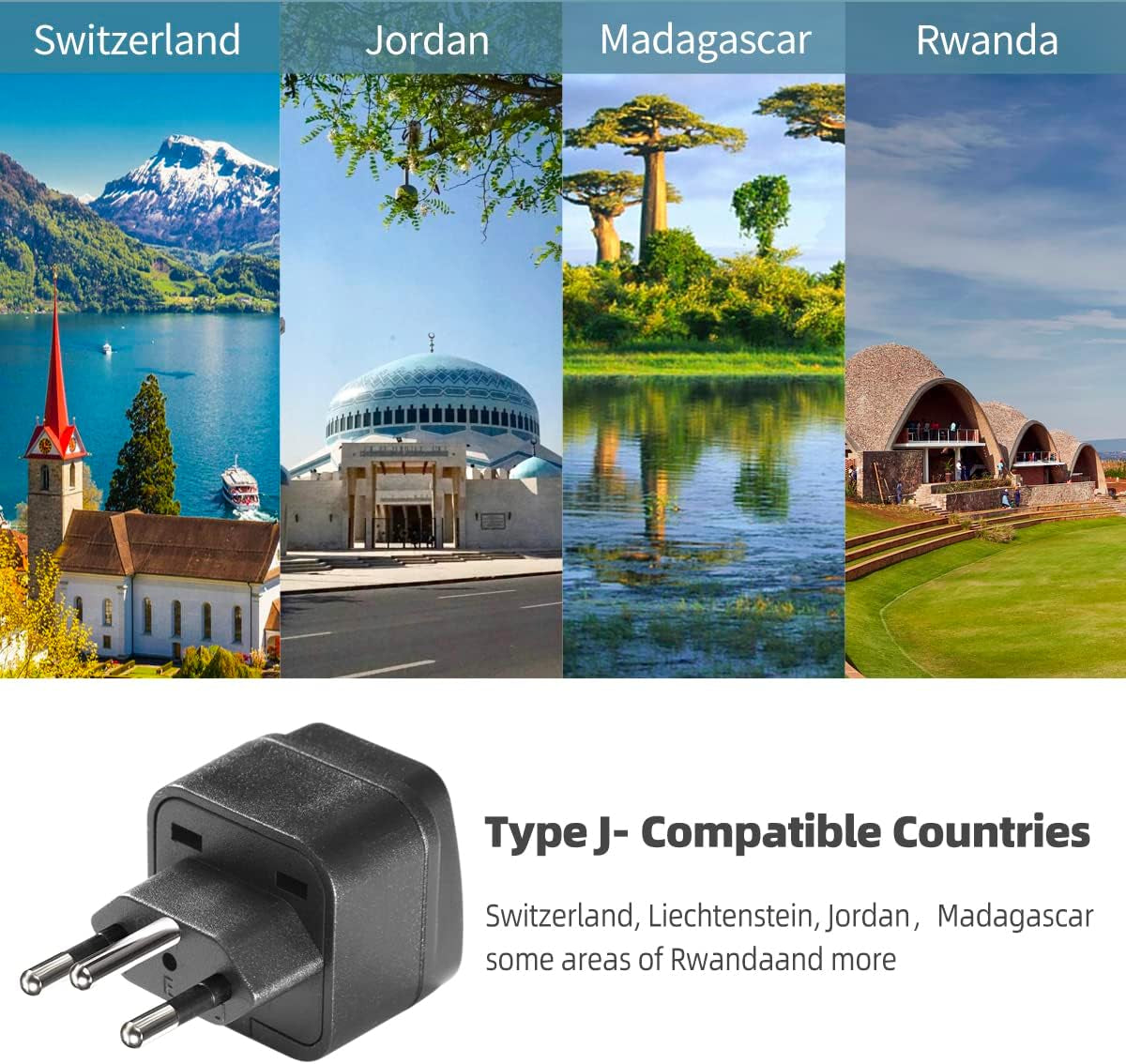 4 Pack UK to Switzerland Plug Adapter Swiss Adaptor Plug- Compact & Lightweight for Travel Plug Adapter UK to Swiss, Jordan, Liechtenstein, Madagascar, Rwanda (Black 4 Pack)