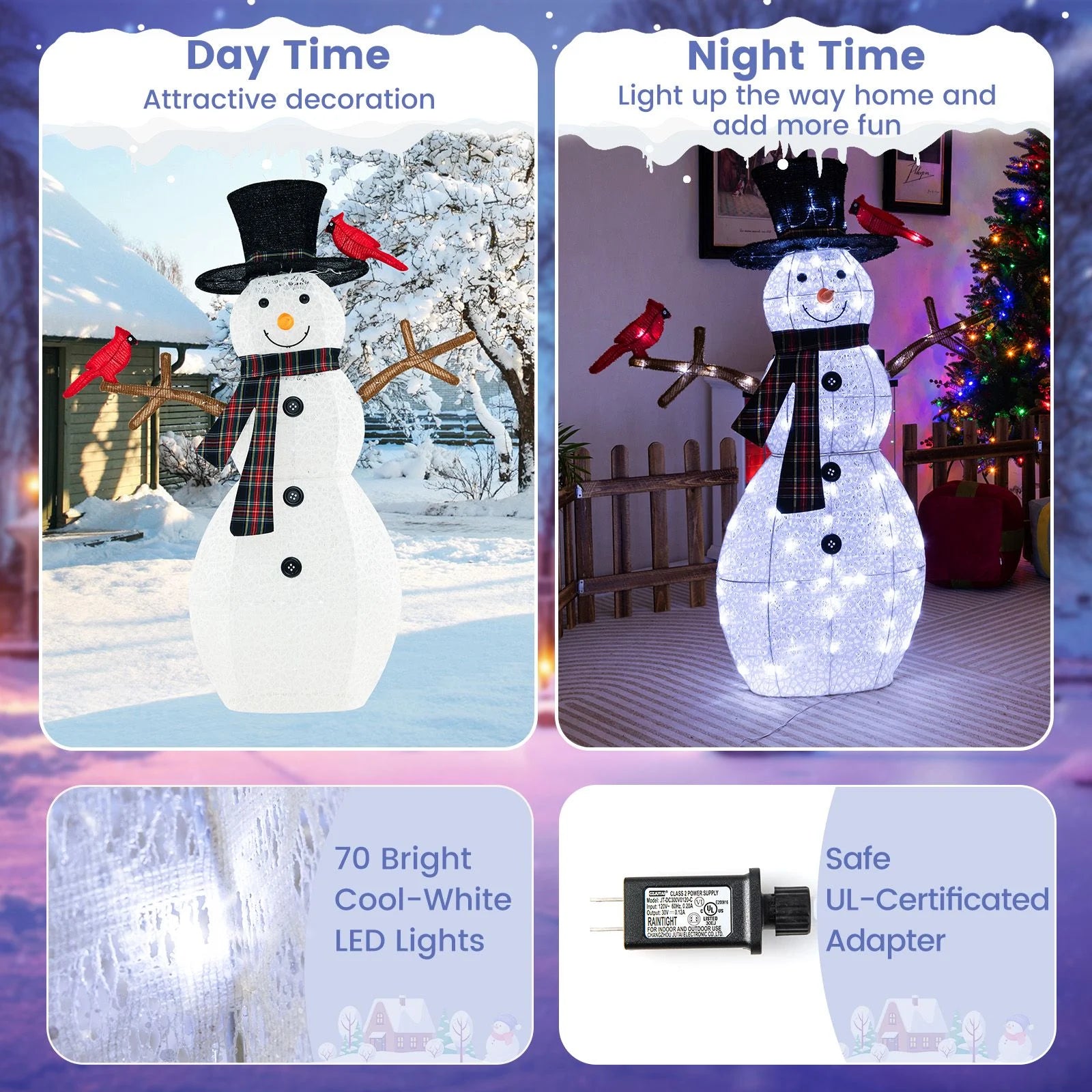 127 CM Pre-Lit Snowman Ornament with Warm-White LED Lights for Holiday Winter Decor