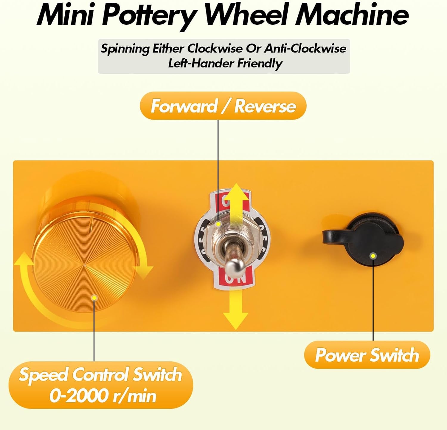 Electric Mini Pottery Wheel with Adjustable Speed, 2000RPM, Includes 10cm and 6.5cm Plates and Clay Tools, Ideal Ceramic Pottery Kit for Beginners, Kids, and Adults (Yellow)