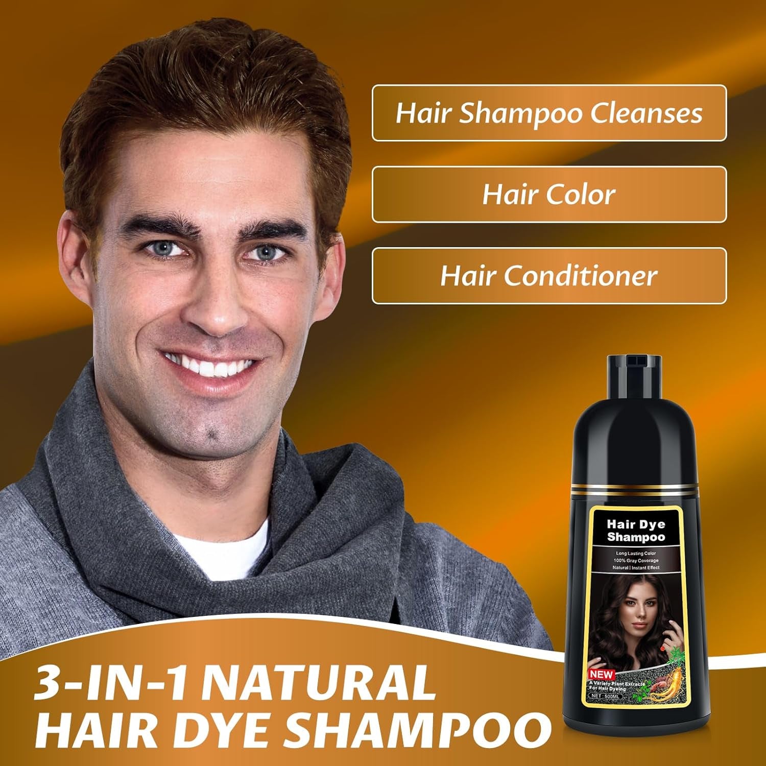 Dark Brown Hair Dye Shampoo, Hair Color Shampoo 3 in 1, Semi-Permanent Gray Hair Coverage for Woman & Man, Mild Formula, Lasts 30 Days (500Ml)