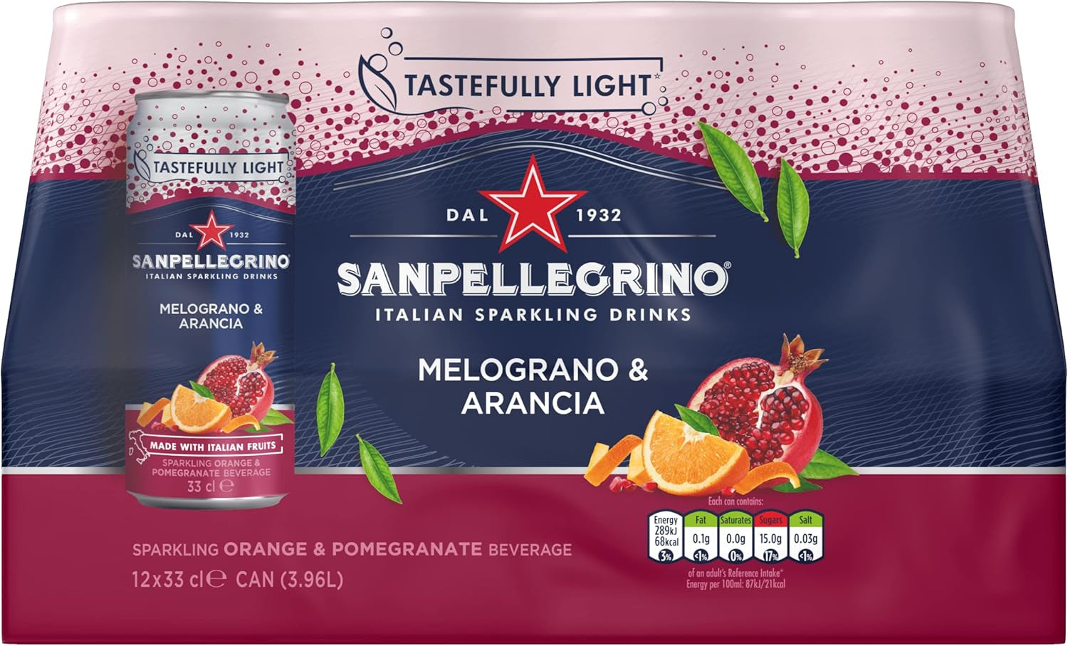 Italian Sparkling Drinks Tastefully Light Sparkling Pomegranate & Orange Canned Soft Drink 12 X 330Ml | 68 Kcals per Can