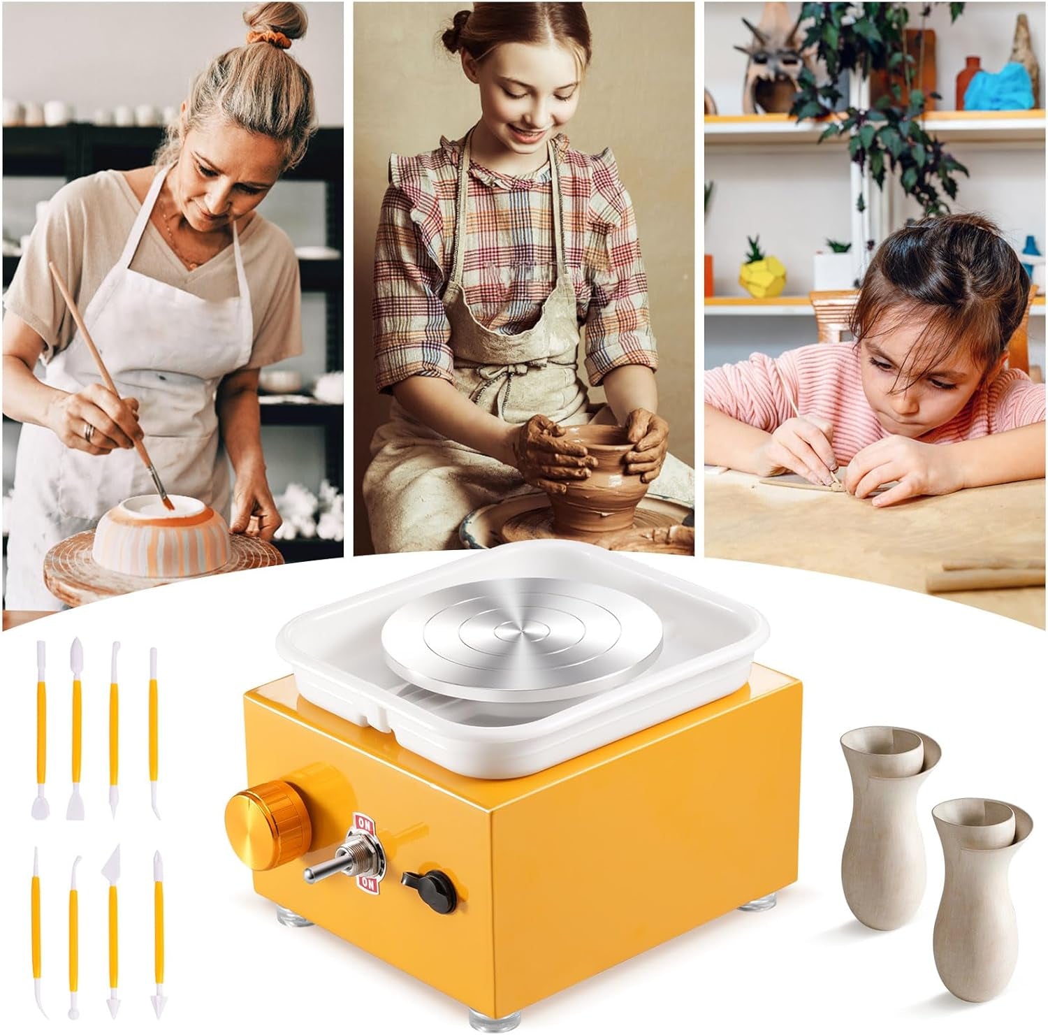 Electric Mini Pottery Wheel with Adjustable Speed, 2000RPM, Includes 10cm and 6.5cm Plates and Clay Tools, Ideal Ceramic Pottery Kit for Beginners, Kids, and Adults (Yellow)