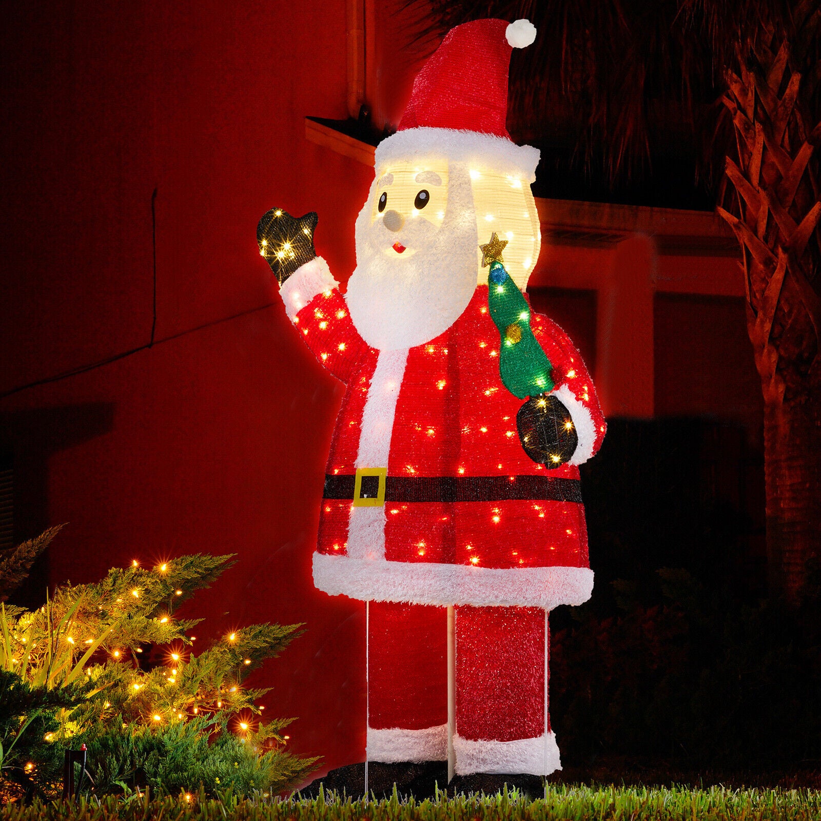 6FT Lighted Pull up Santa Waving Hand with 180 LED for Christmas Yard Decoration