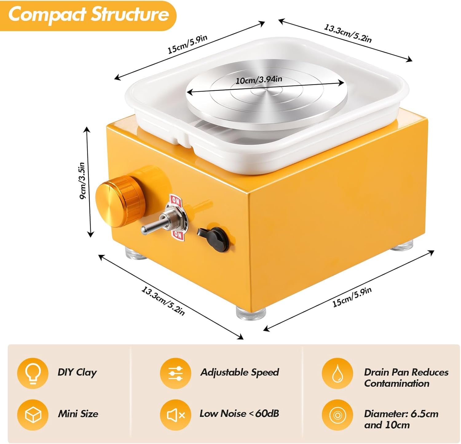 Electric Mini Pottery Wheel with Adjustable Speed, 2000RPM, Includes 10cm and 6.5cm Plates and Clay Tools, Ideal Ceramic Pottery Kit for Beginners, Kids, and Adults (Yellow)