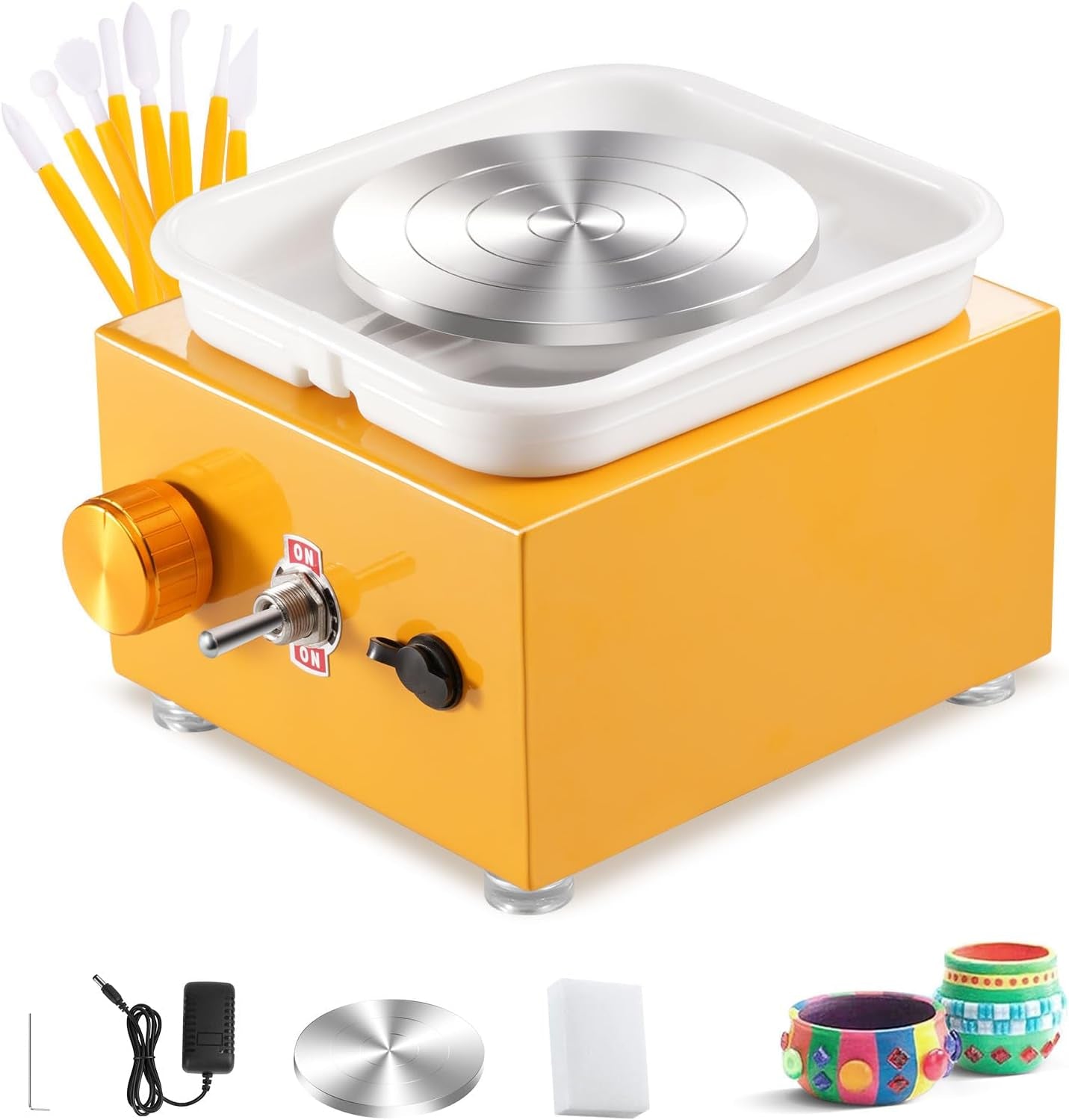 Electric Mini Pottery Wheel with Adjustable Speed, 2000RPM, Includes 10cm and 6.5cm Plates and Clay Tools, Ideal Ceramic Pottery Kit for Beginners, Kids, and Adults (Yellow)