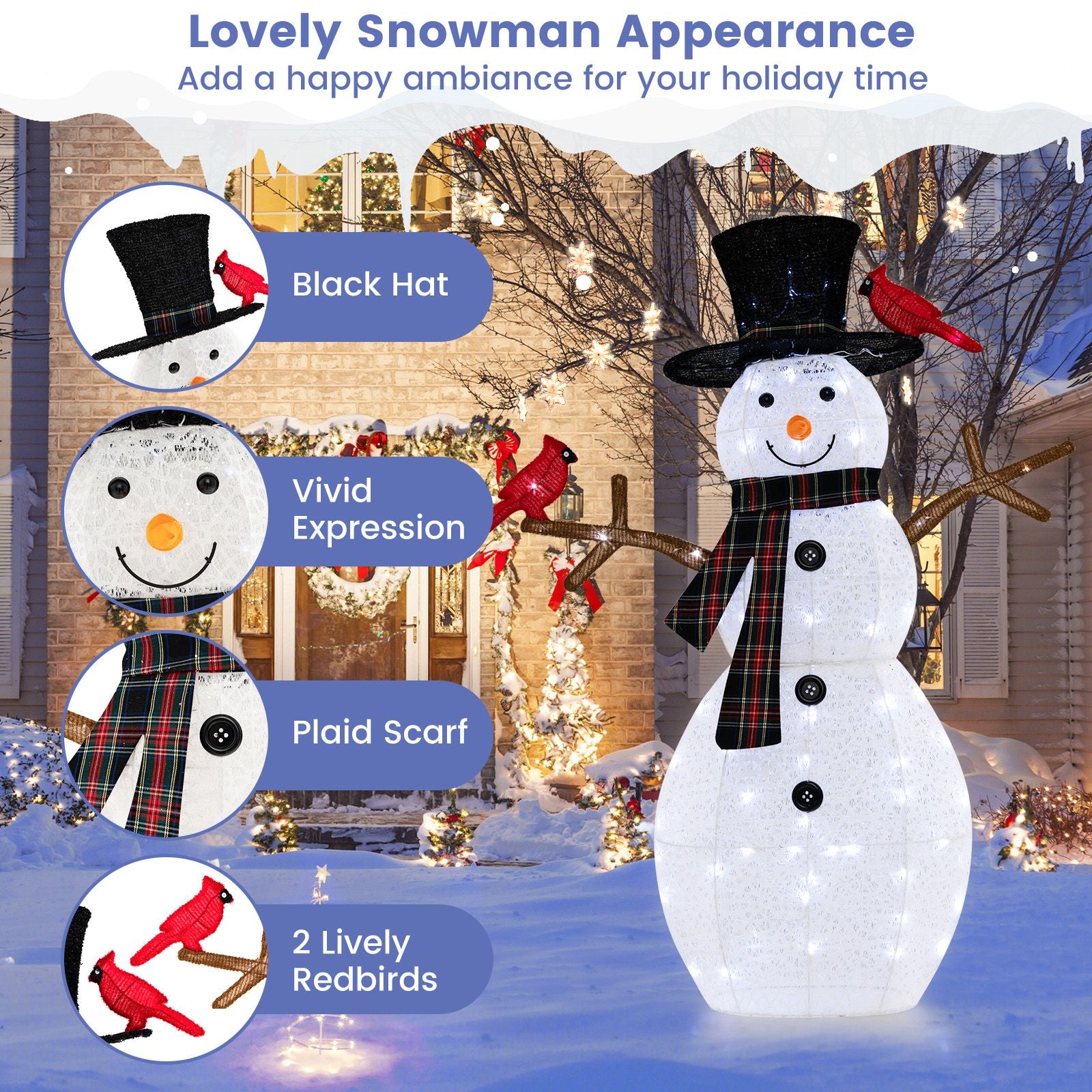 127 CM Pre-Lit Snowman Ornament with Warm-White LED Lights for Holiday Winter Decor