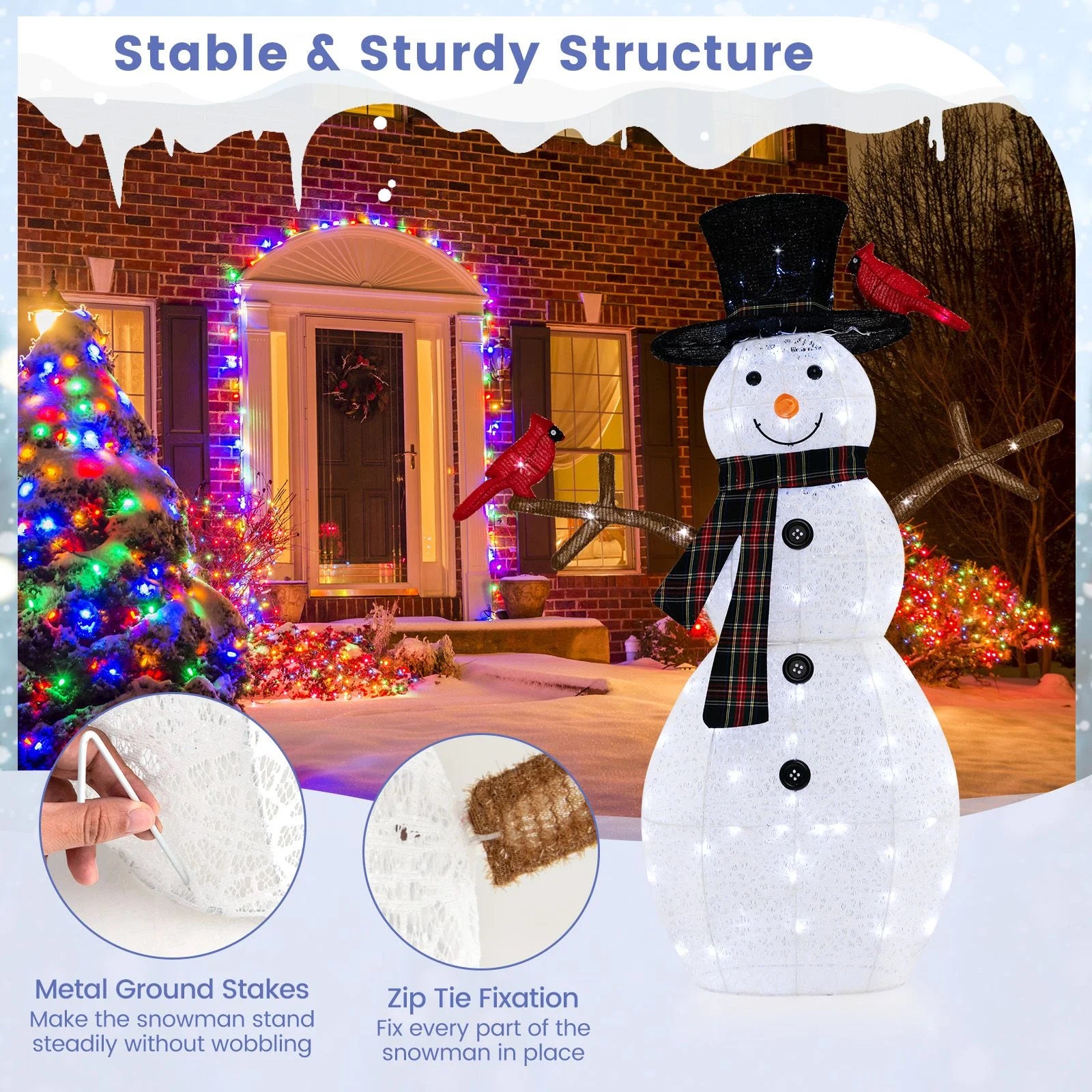 127 CM Pre-Lit Snowman Ornament with Warm-White LED Lights for Holiday Winter Decor