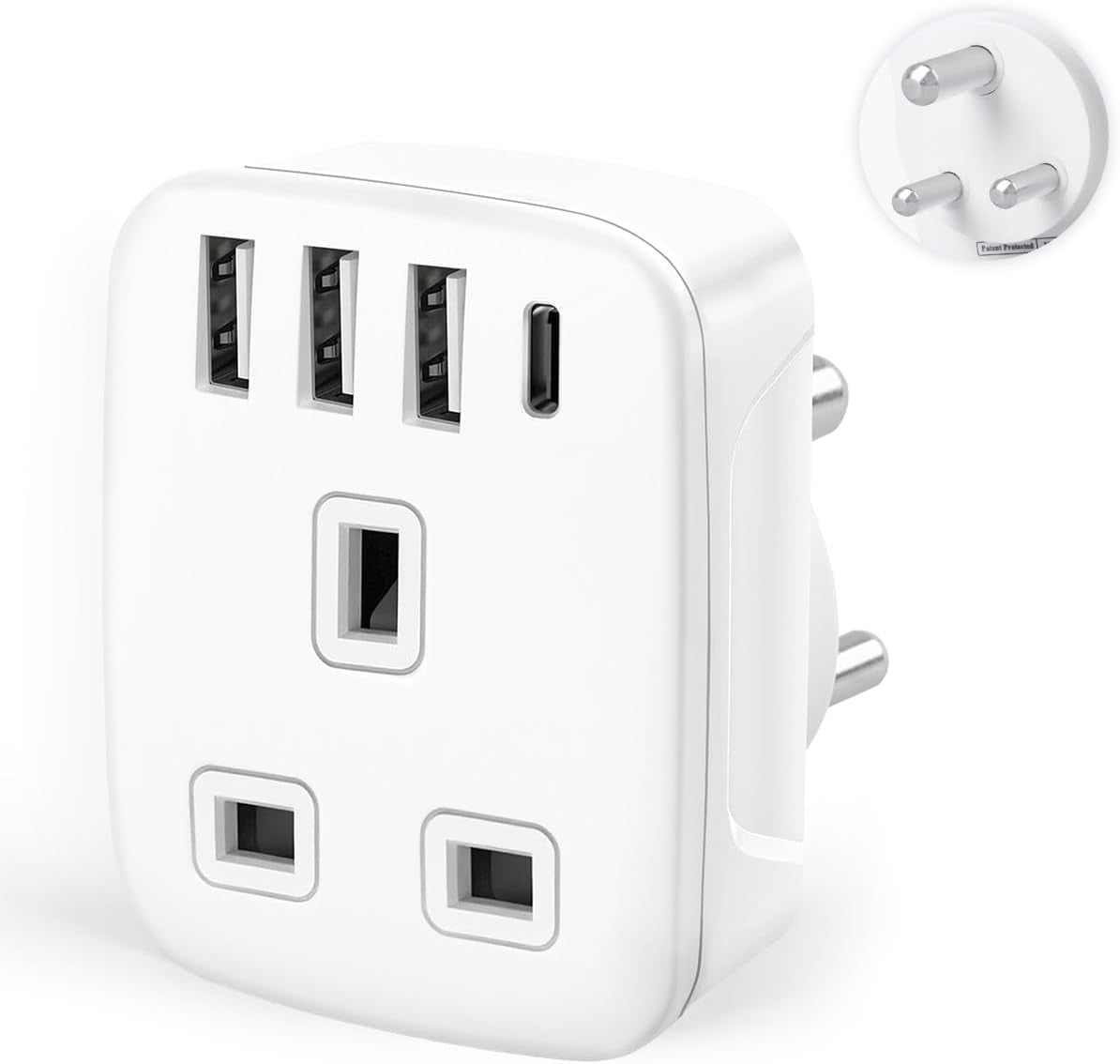 UK to India Plug Adapter, Grounded UK to 3 Pin India Travel Adapter with 3 USB+1 USB C 32W Fast Charger,Converter Plug Adaptor for India,Sri Lanka,Pakistan,Burma,Maldives,Yemen(Type D)