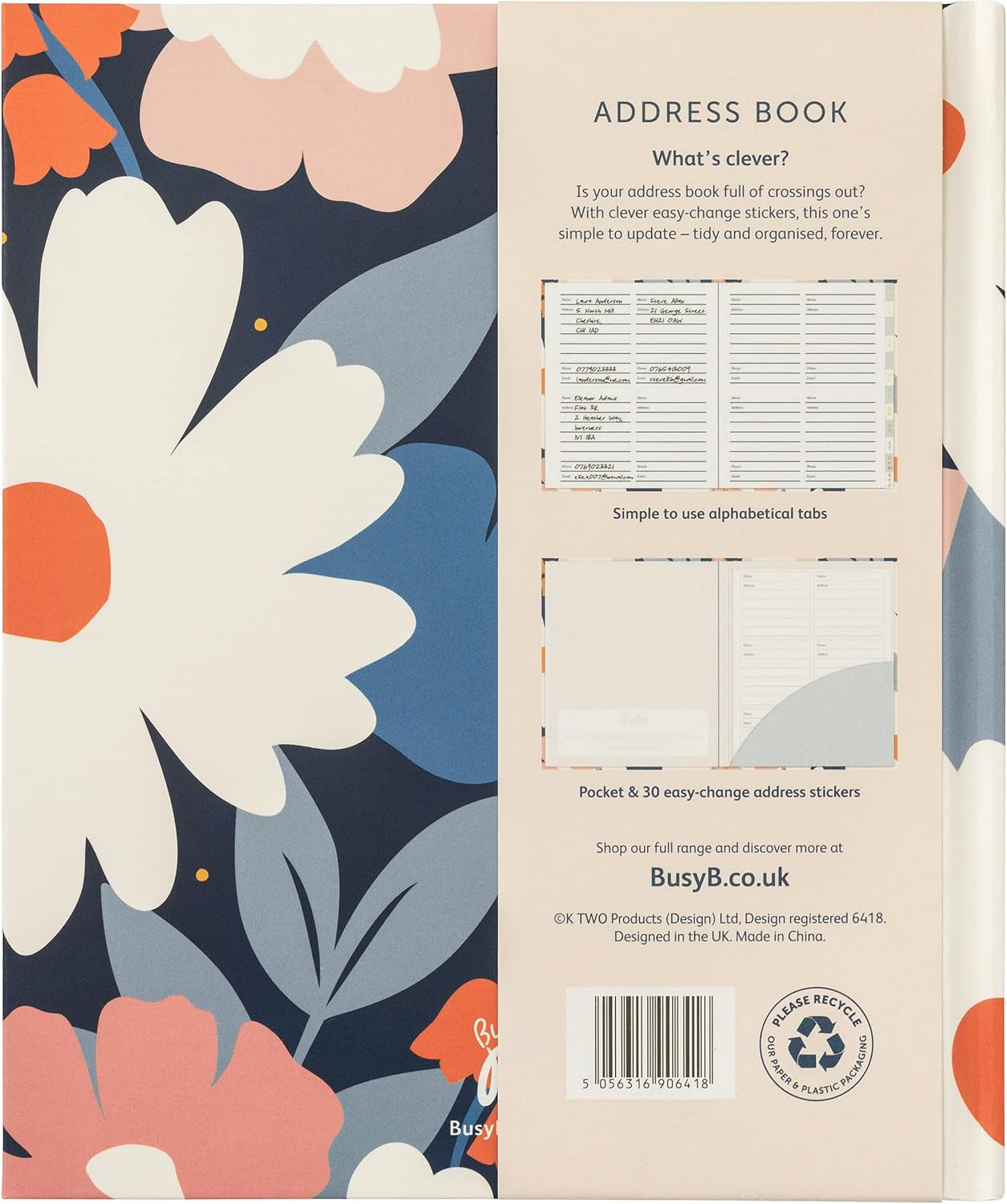 Large Address Book with Alphabetical Tabs, Address Change Stickers & Pocket - Navy Daisy