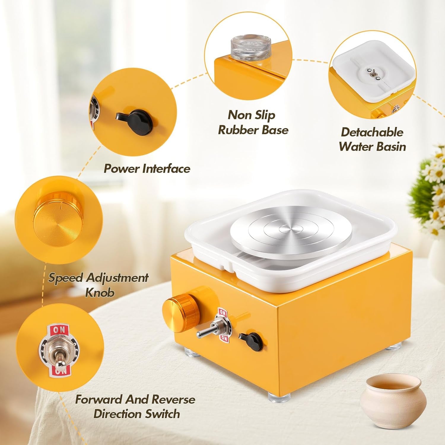 Electric Mini Pottery Wheel with Adjustable Speed, 2000RPM, Includes 10cm and 6.5cm Plates and Clay Tools, Ideal Ceramic Pottery Kit for Beginners, Kids, and Adults (Yellow)