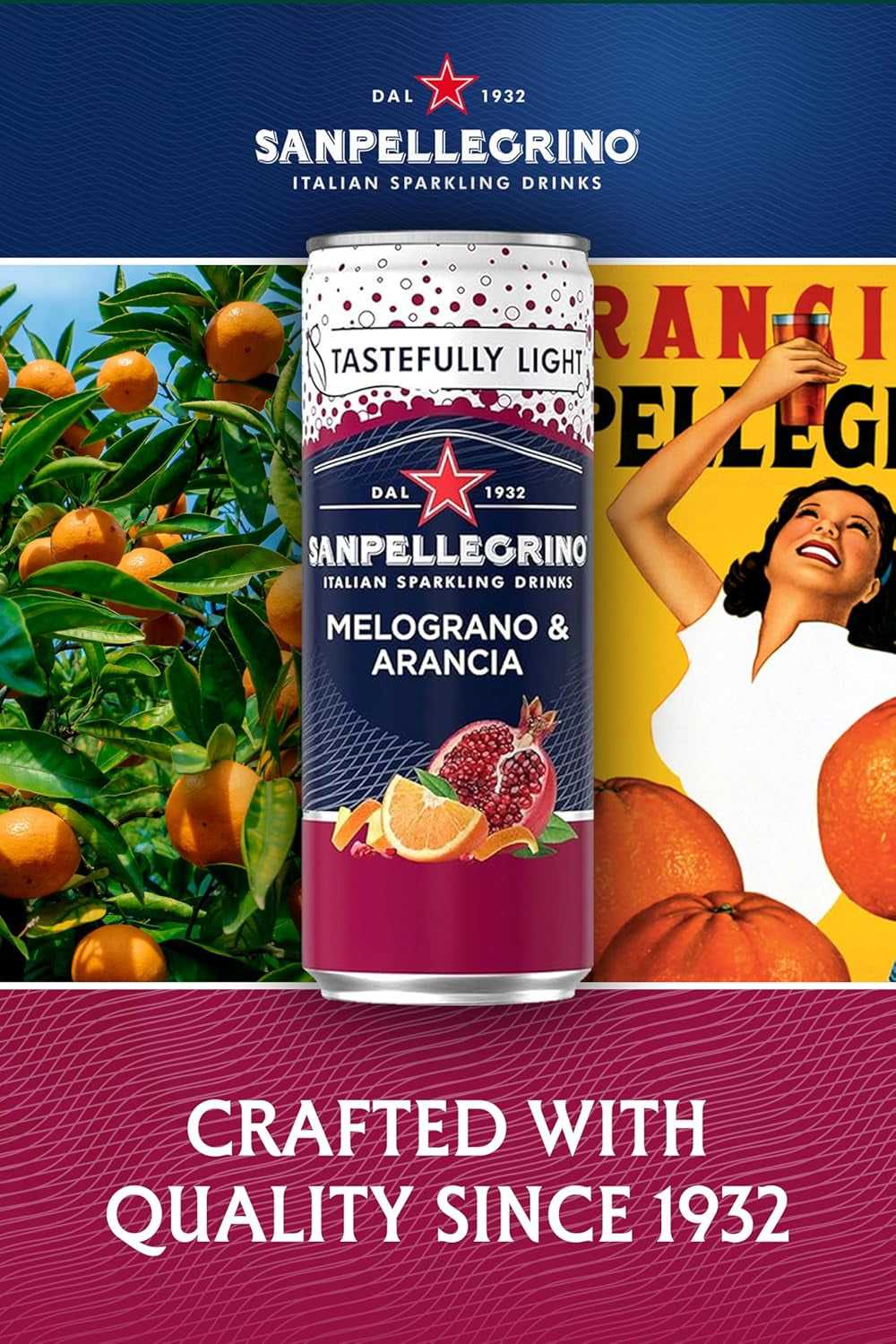 Italian Sparkling Drinks Tastefully Light Sparkling Pomegranate & Orange Canned Soft Drink 12 X 330Ml | 68 Kcals per Can