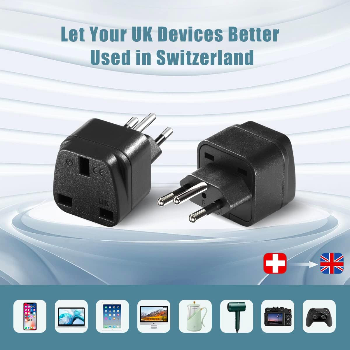 4 Pack UK to Switzerland Plug Adapter Swiss Adaptor Plug- Compact & Lightweight for Travel Plug Adapter UK to Swiss, Jordan, Liechtenstein, Madagascar, Rwanda (Black 4 Pack)