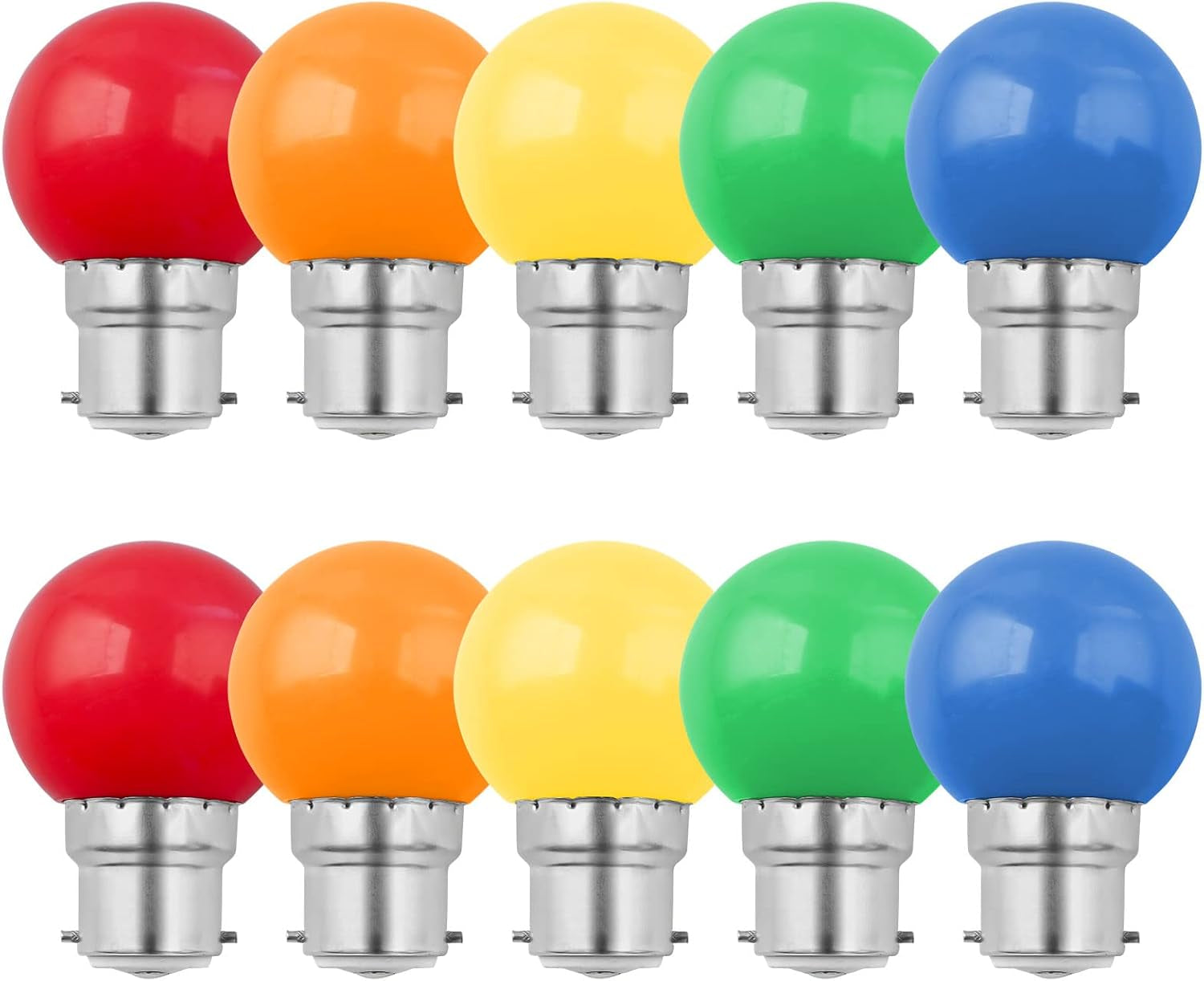 10 Pack B22 Bayonet Coloured LED Bulbs, 1W G45 Colours Bulbs, Golf Ball Bulb, Mixed Colours Red Blue Green Yellow Orange, Atmosphere Decoration for Outdoor Indoor String Wedding, Party, Christmas